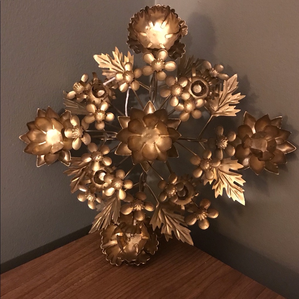 Vintage floral golden tin candle holder